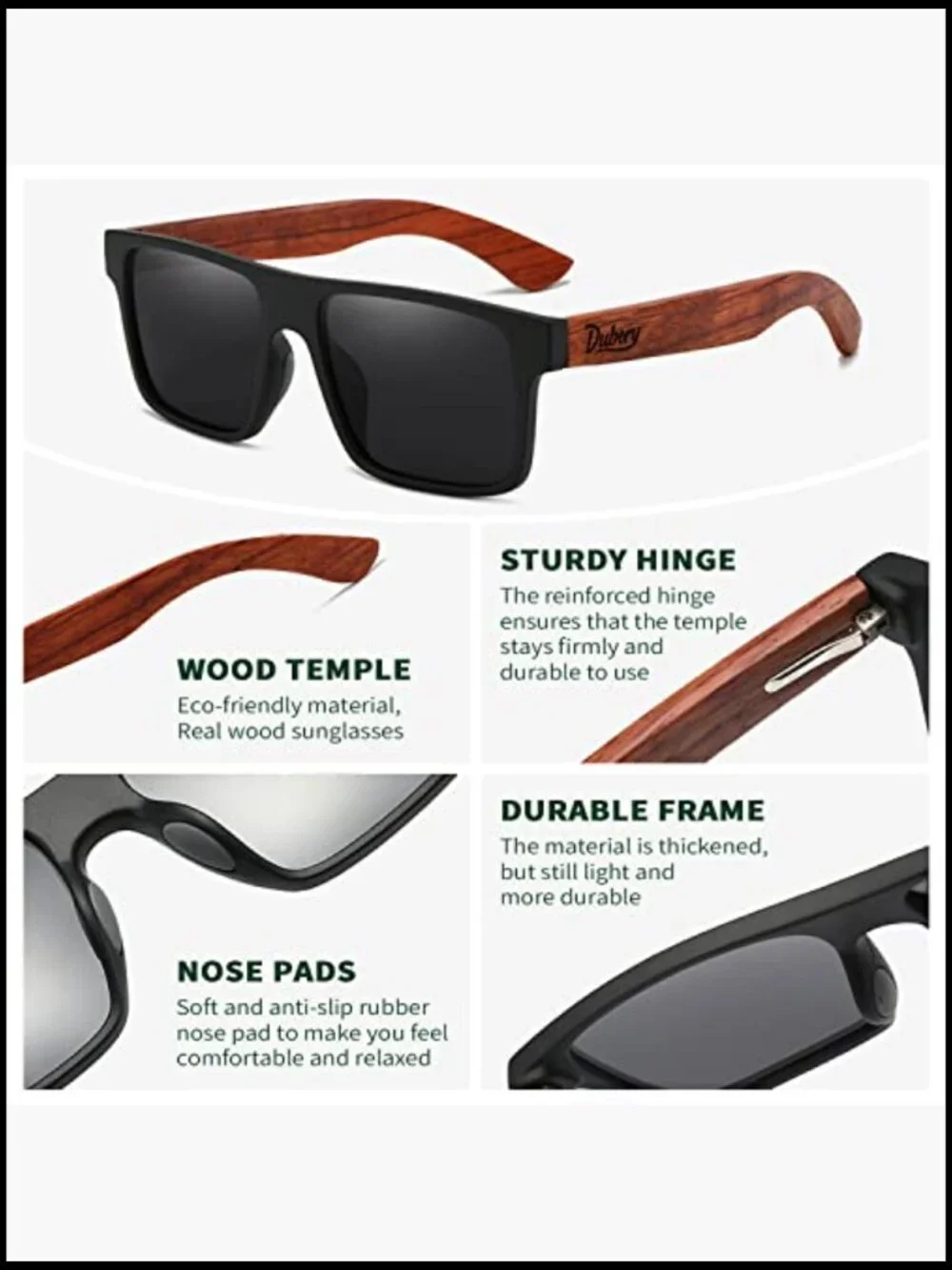 Square Polarized Wood Sunglasses UV400 Protection Unisex